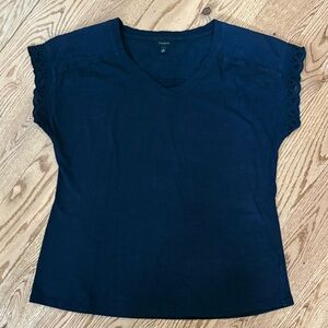 Talbots Navy V-Neck Top with Eyelet Sleeves